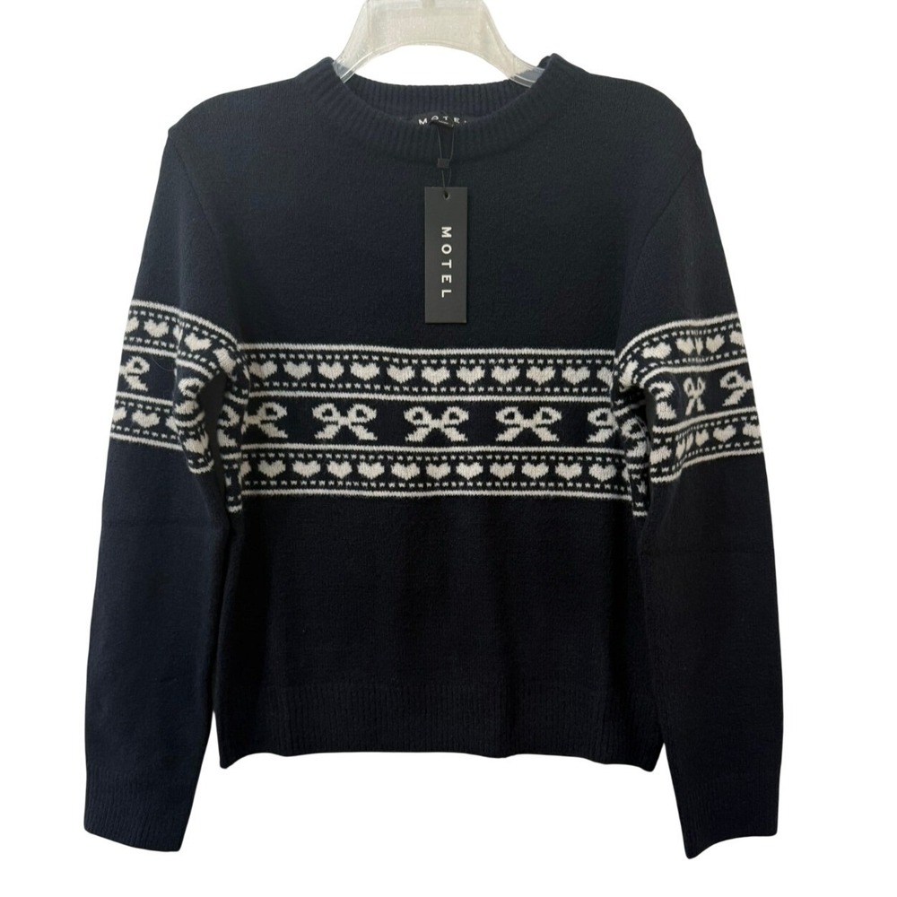 NWT Fair Isle Sweater‎ Size XS MotelRocks Navy Blue with White Bows & Hearts